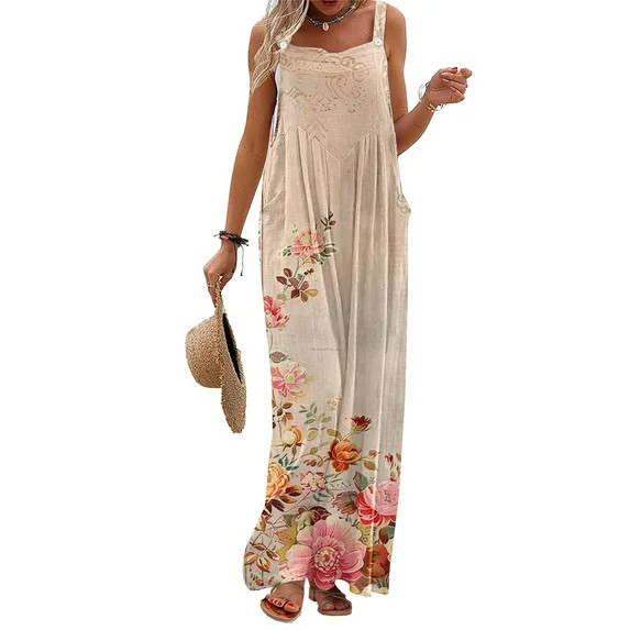 Women's Dressy Jumpsuits Women's Printed Jumpsuit Casual Button Pocket Sleeveless Wide Leg Trouse... | Walmart (US)