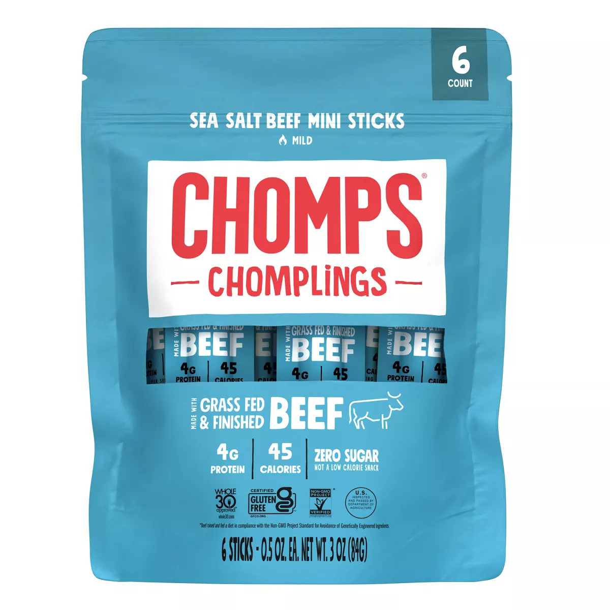 Chomplings Sea Salt Beef Mini Jerky Meat Sticks, 4g of Protein (6 Count) - Walmart.com | Walmart (US)