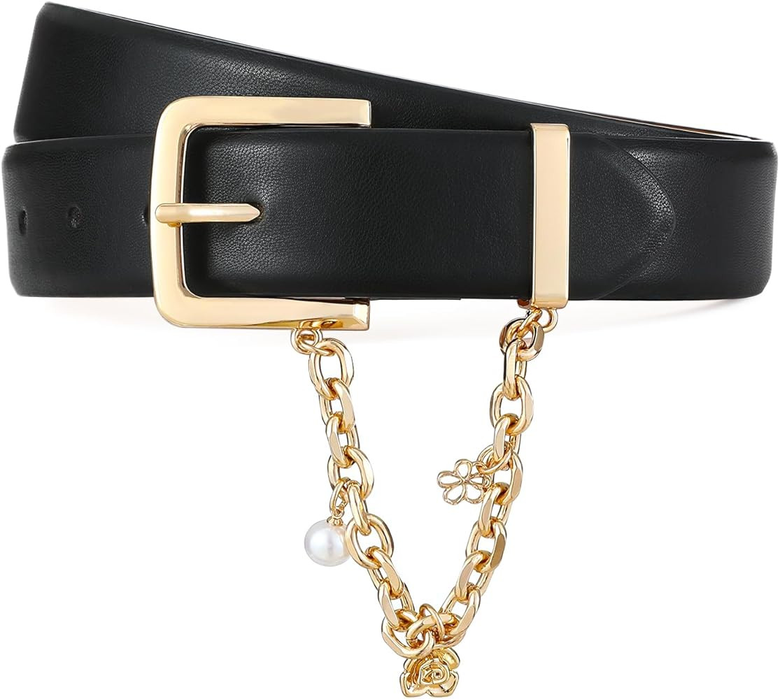 Black Belt for Women Gold Buckle with Chain Decoration Belts Perfect for Jeans and Casual Wear | Amazon (US)