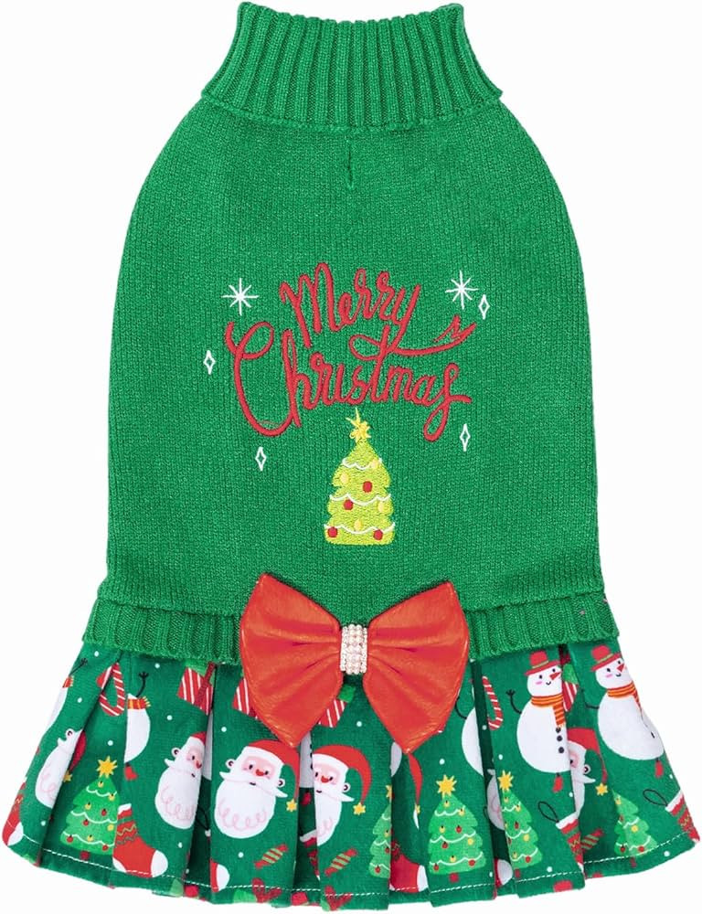 CuteBone Christmas Green Dog Sweater Dress Turtleneck Puppy Sweater with Bowtie Leash Hole Pullov... | Amazon (US)