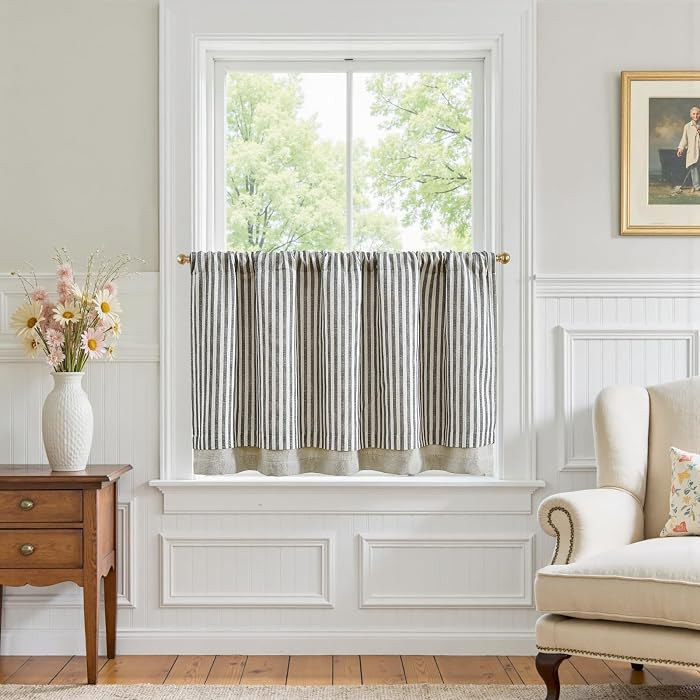 jinchan Stripe Linen Kitchen Valance Curtain, 50x24, 1 Panel, Grey | Amazon (US)
