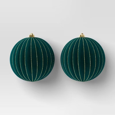 2ct Christmas 200mm Flocked Ribbed Glitter Ornament Set Green - Wondershop™ | Target
