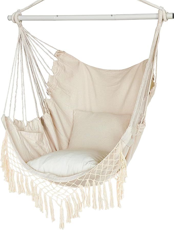 Hammock Chair, Hanging Rope Swing Seat with 2 Cushions,Macrame Hanging Chair Side Pocket with Hig... | Amazon (US)
