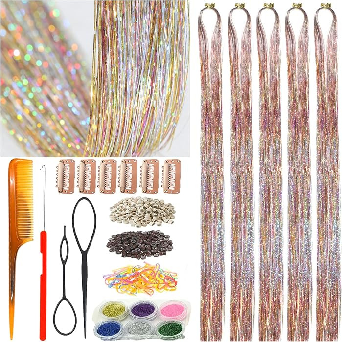 Rainbow Hair Tinsel Kit,Galaxy Pattern Tinsel Hair Extensions,Single Strands Mixed Colors,Gold Si... | Amazon (US)