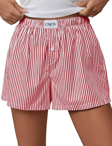 LOMON Womens Boxer Shorts Casual Summer Cotton Pajama Lounge Sleep Pj Striped Shorts Y2K Beach Bottoms (Red White Striped XS) | Amazon (US)
