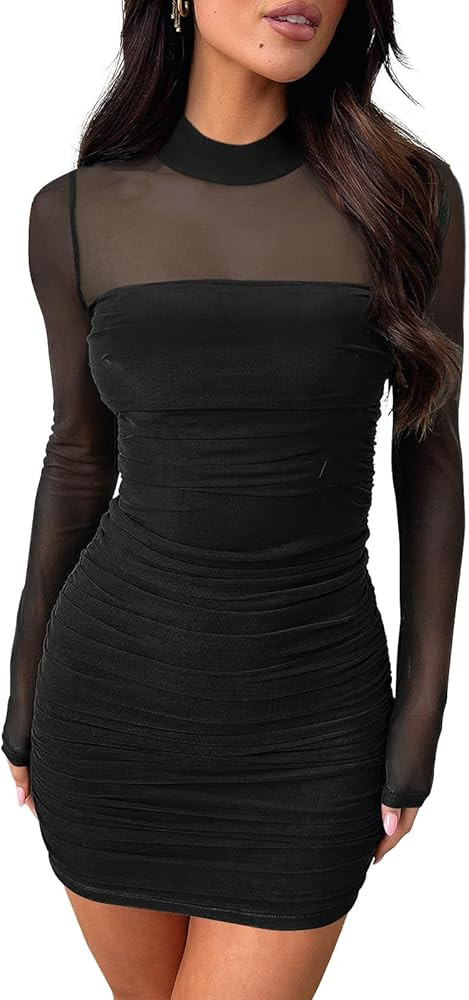 oten Womens Sexy Mock Neck Mesh Long Sleeve Short Ruched Slim Fit Bodycon Tight Party Cocktail Cl... | Amazon (US)