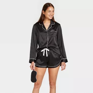 Women's 3pc Satin Long Sleeve Notch Collar Top and Shorts Pajama Set with Eye Cover - Stars Above... | Target