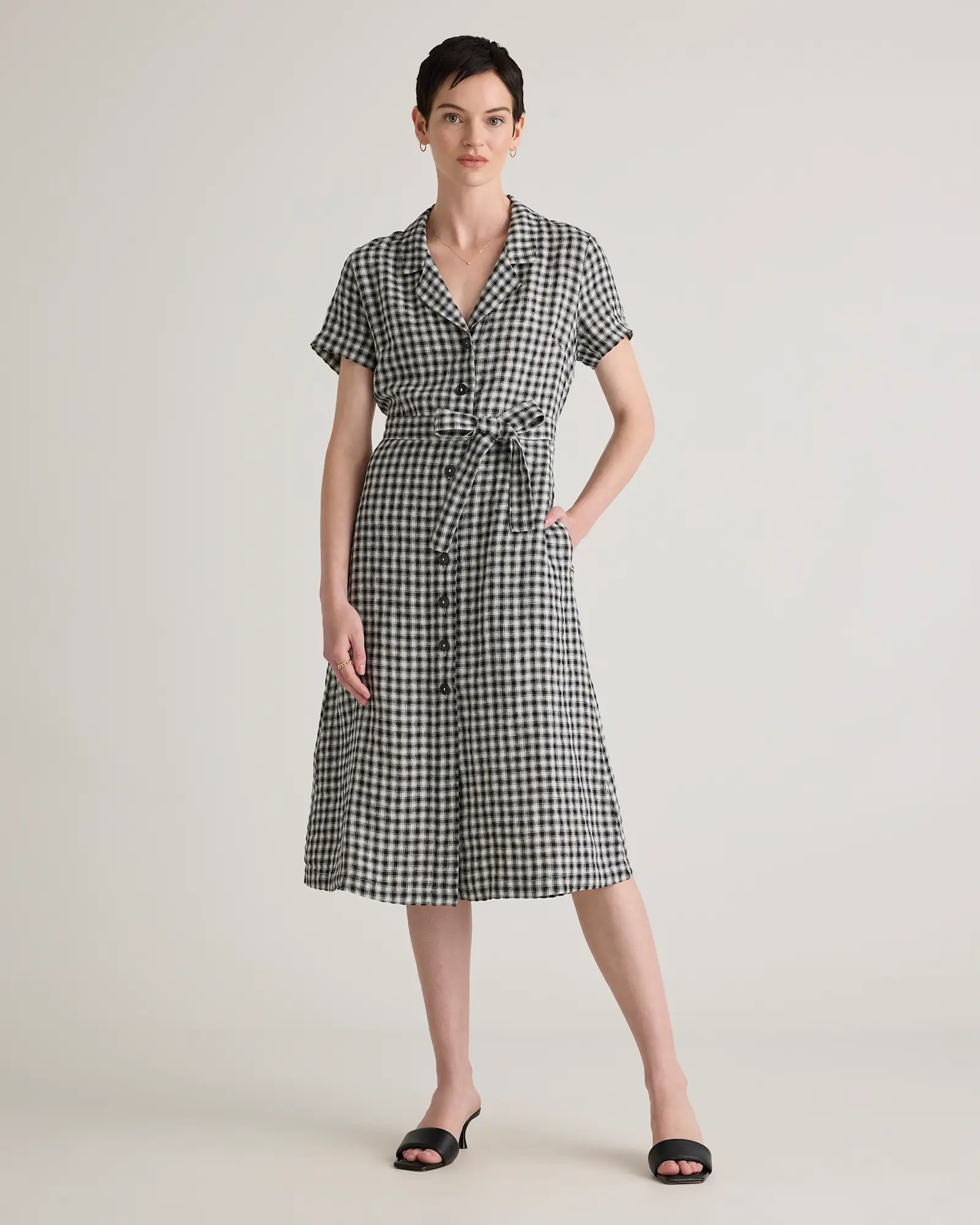 100% European Linen Button Front Dress in Khaki / Black Gingham | Quince