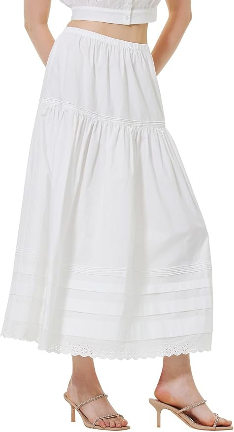 BEAUTELICATE Women's Long White Cotton A-Line Lace Trim Pintuck Tier Skirt | Amazon (US)