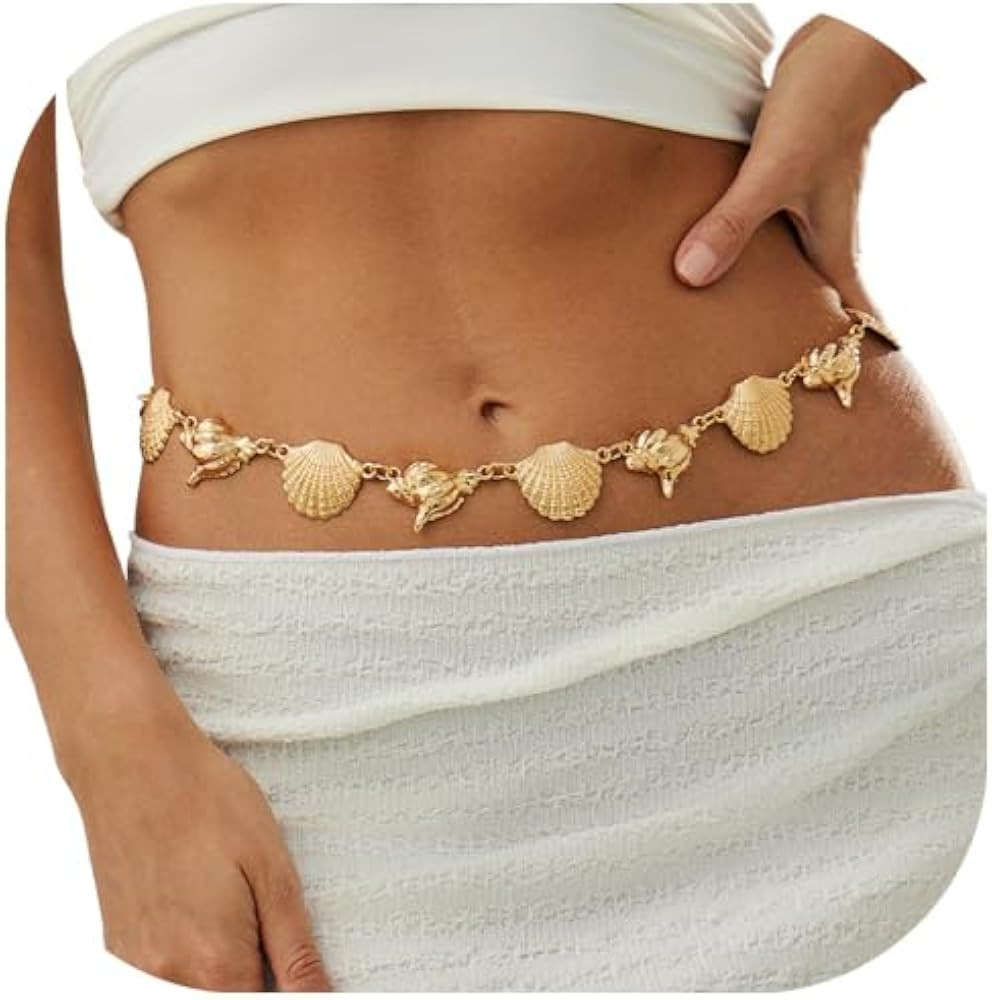 Summer Beach Conch Waist Chain Belt,Gold Seashell Pendant Waist Belt,Adjustable Metal Cowgirl Cha... | Amazon (US)