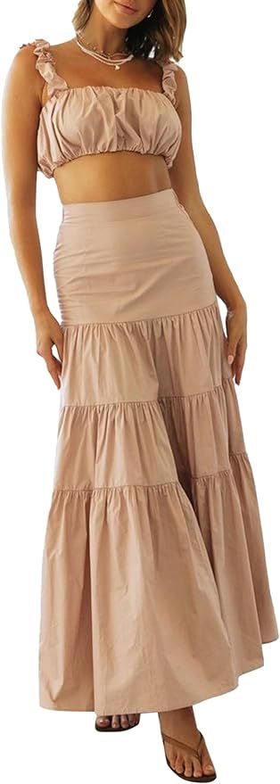 OPOIPIN Women's 2 Piece Outfits Sleeveless Crop Top High Waist Tiered Ruffle Flowy Long Maxi Skir... | Amazon (US)