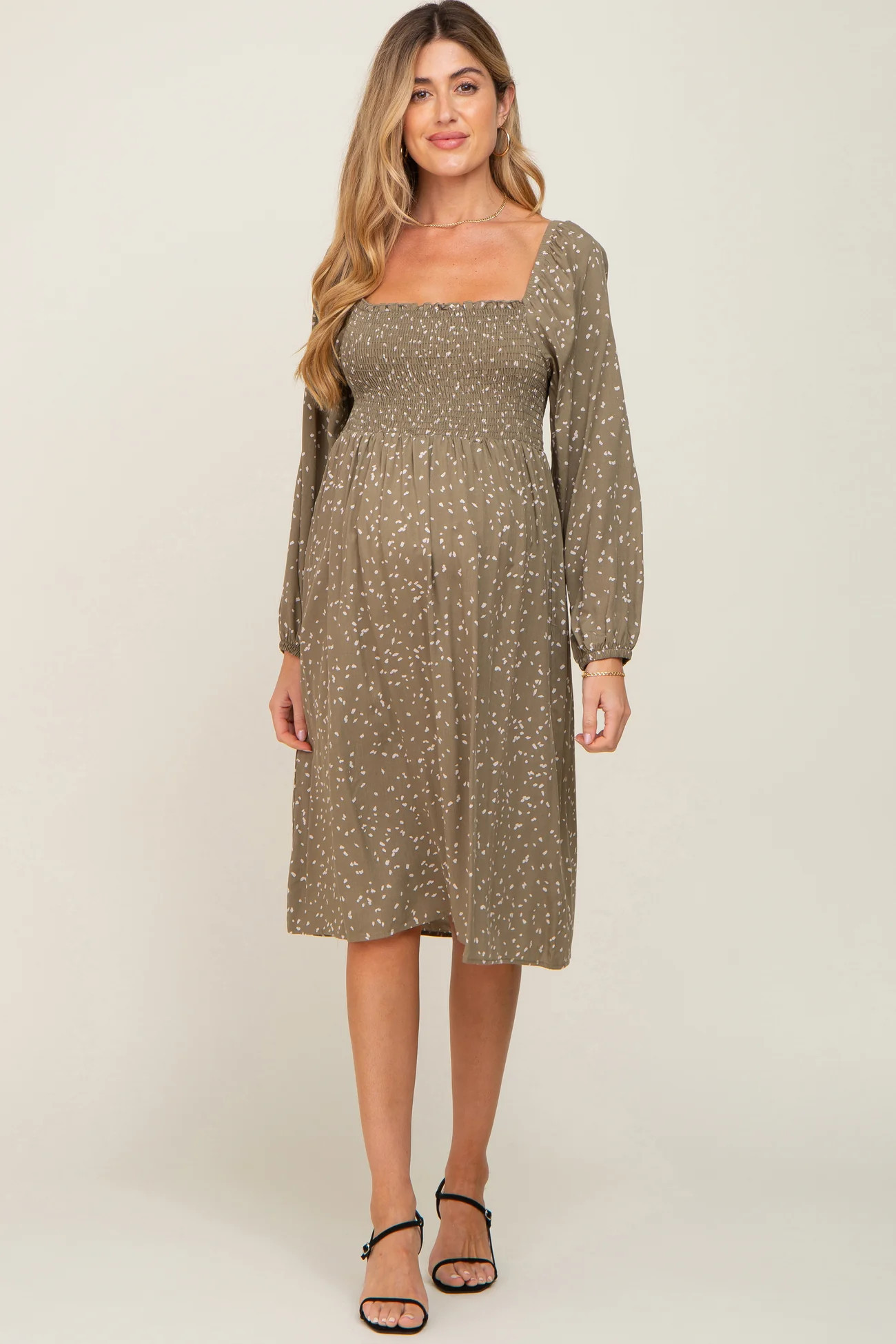 Olive Printed Long Sleeve Maternity Midi Dress | PinkBlush Maternity