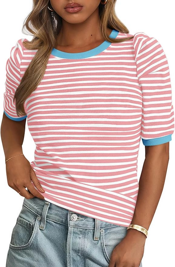 PRETTYGARDEN Womens Puff Short Sleeve Summer Tops 2026 Casual Ribbed Knit Work Basic Tees Crewnec... | Amazon (US)