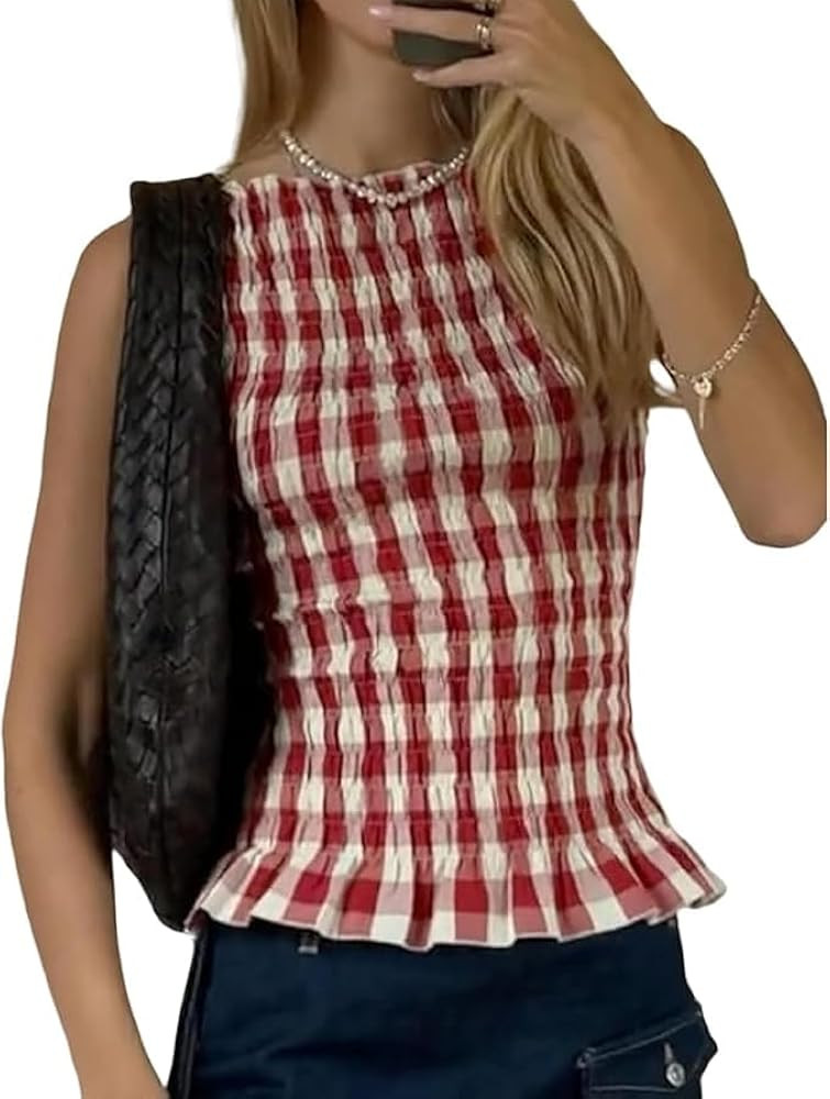 Shirred Tank Top Women Smocked Ruffle Frill Sleeveless Y2k Halter Peplum Top Cap Ruffled Going Ou... | Amazon (US)