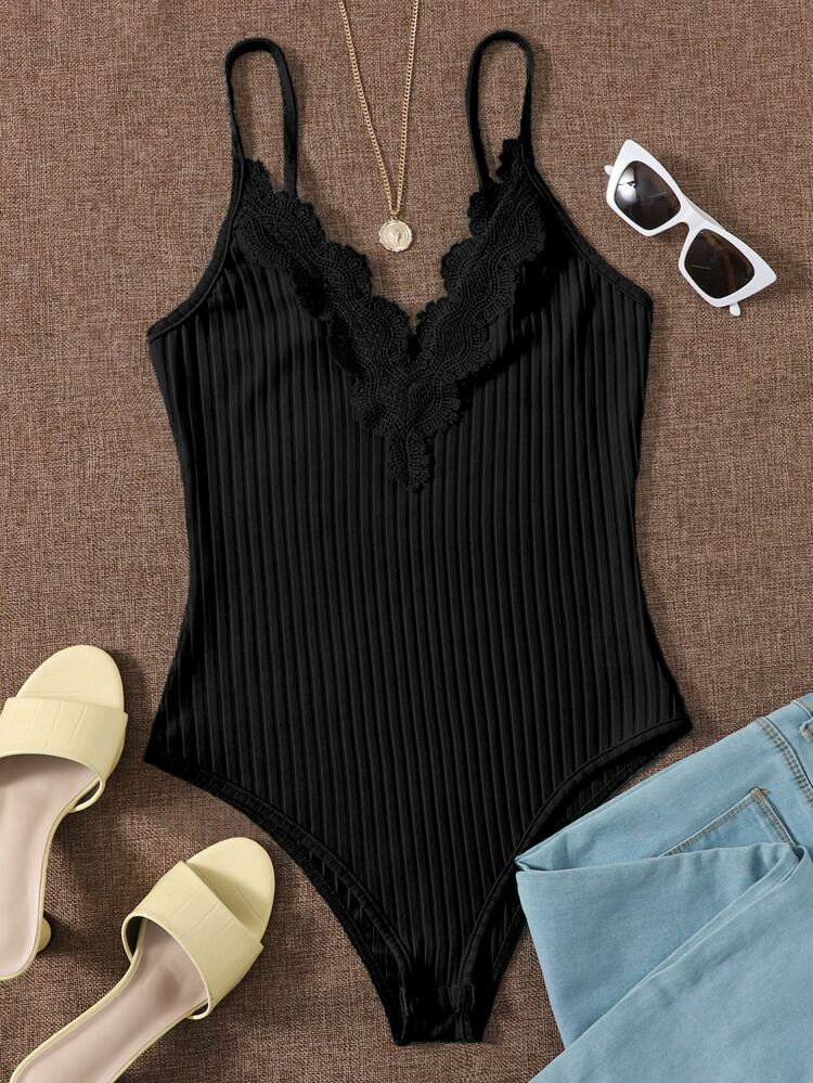 Contrast Lace Ribbed Cami Bodysuit | SHEIN