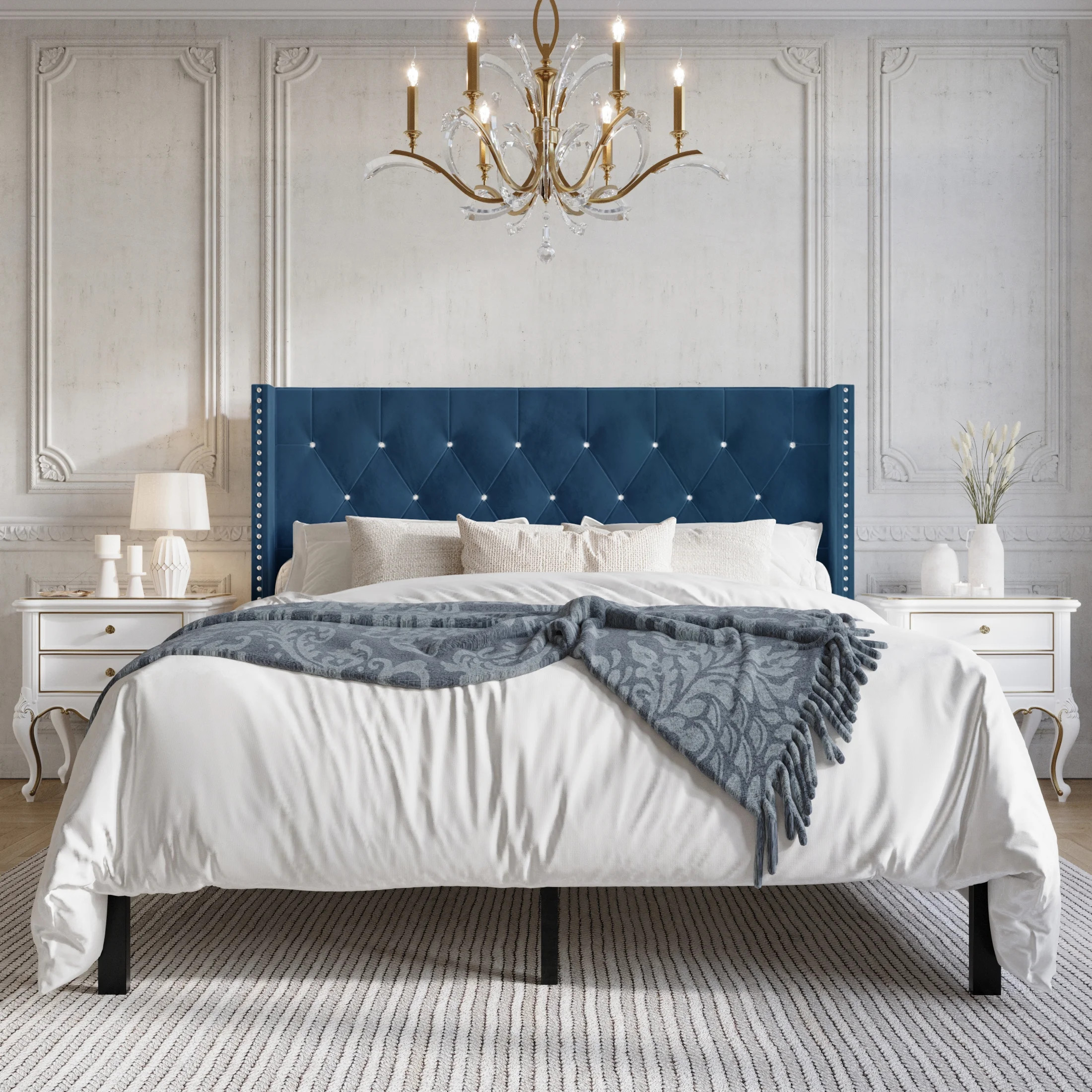 Castle Place Button Tufted Wingback Velvet Upholstered Bed, Navy Blue, King | Walmart (US)