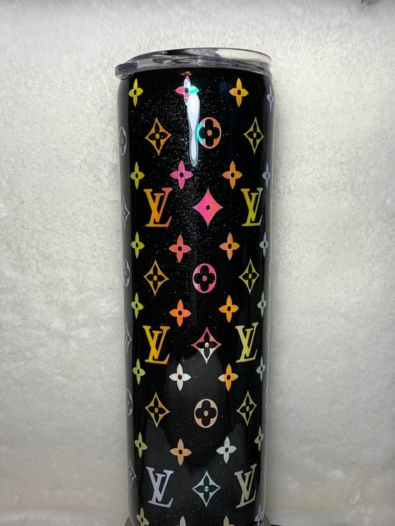 Designer inspired 30 ounce tumbler, LV, Louis, black and shimmer with holographic design, Vuitton... | Etsy (US)