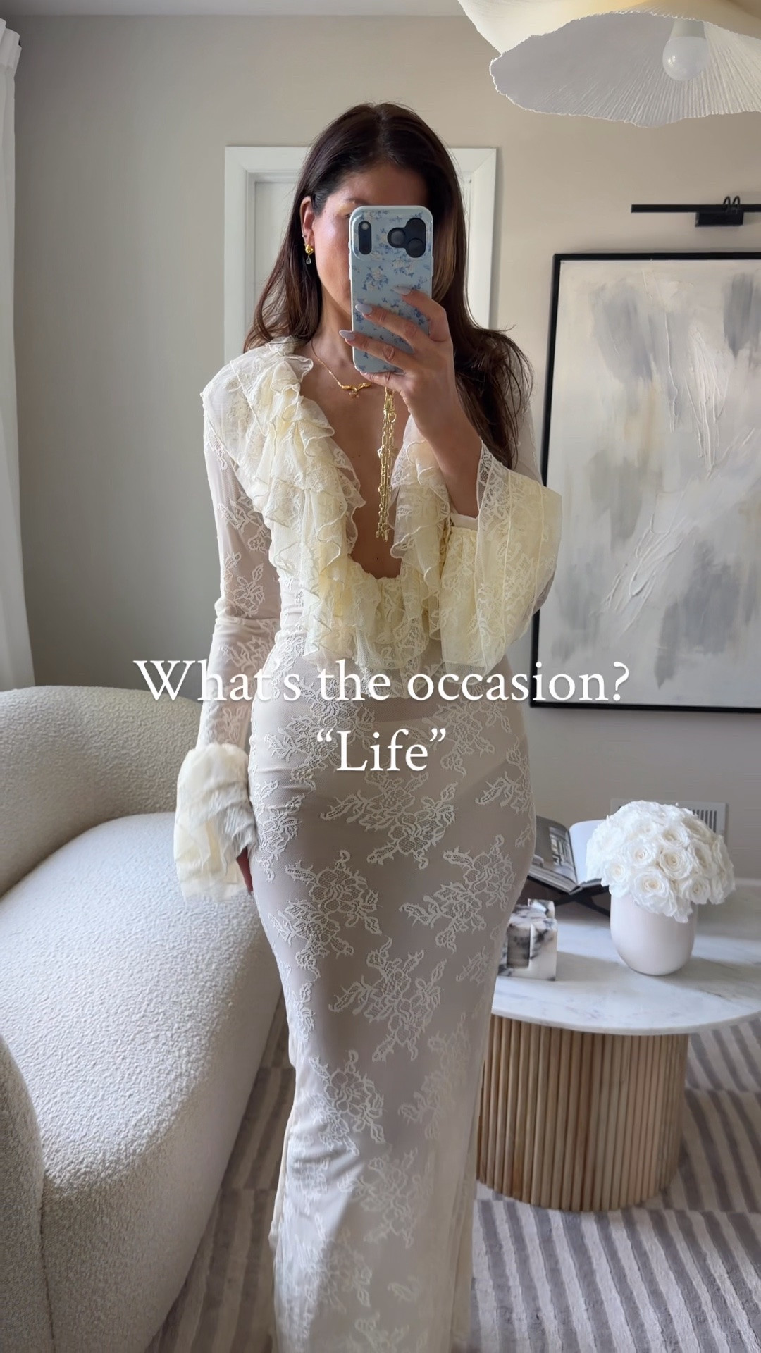 This dress is 70% off right now and it restocked in all sizes. Lace, ruffle, maxi dress, long sleeve, bell sleeve, brides, engagement, photo, shoot, dressy, special occasion, white, ivory.

#LTKootd #LTKSaleAlert