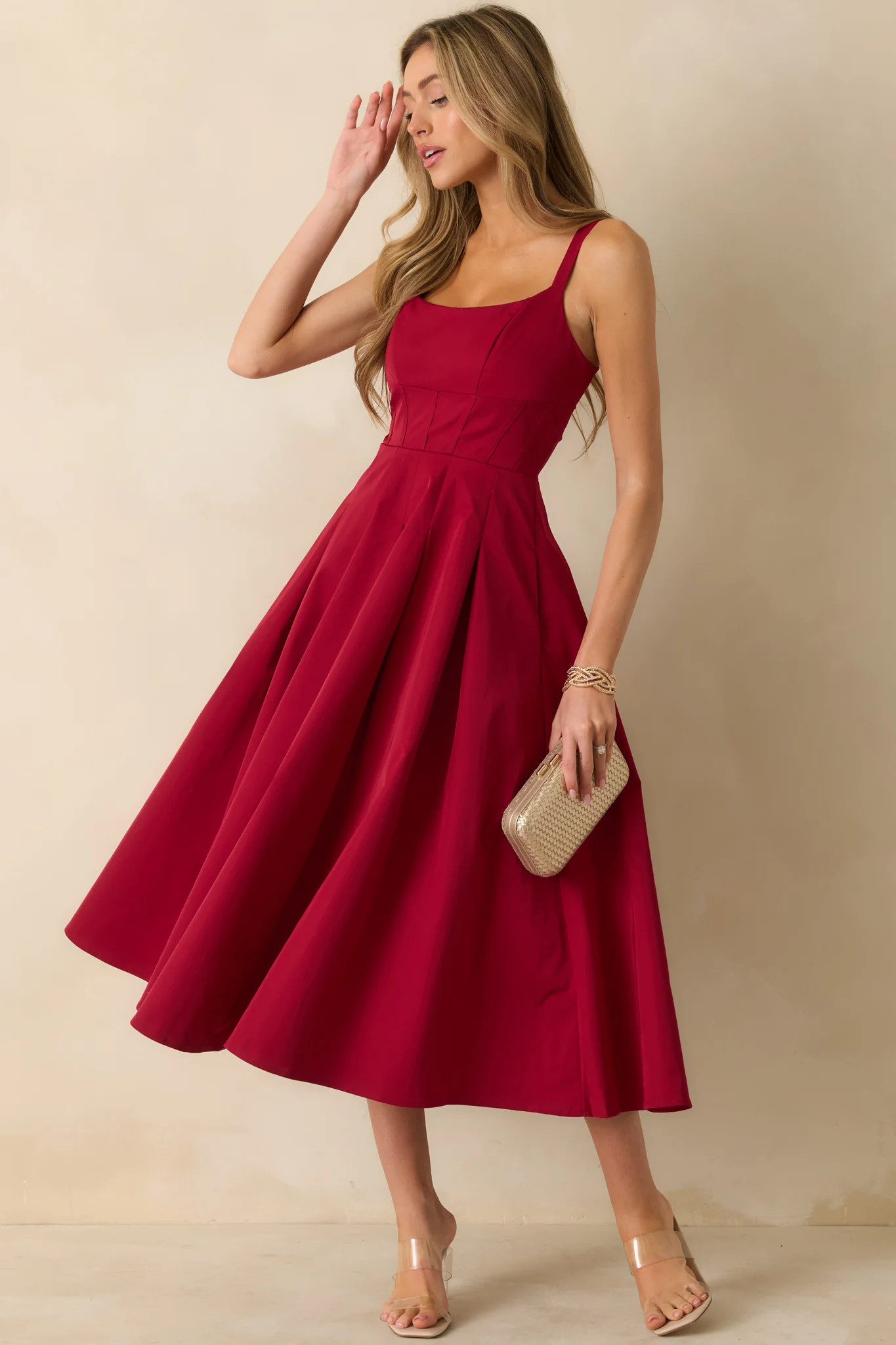 The Spotlight Is Yours Red Pleated Midi Dress | Red Dress