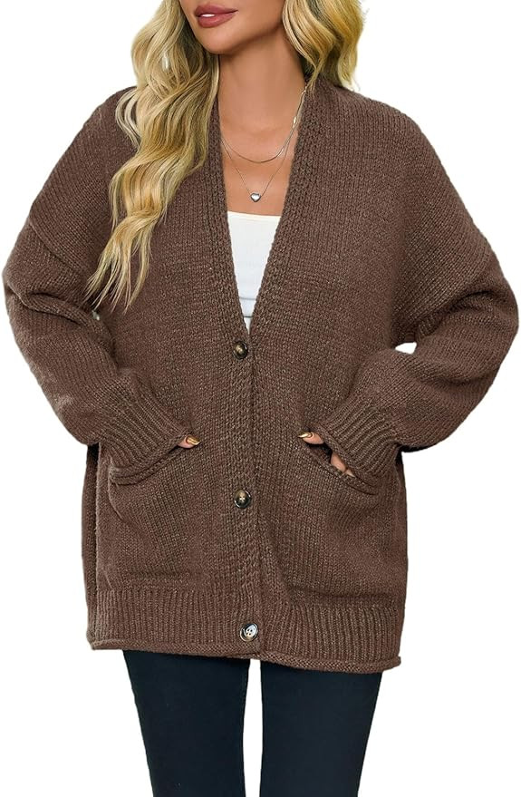 Saodimallsu Womens Chunky V Neck Cardigan Sweater Puff Sleeve Knit Cardigans Button Down Outwear ... | Amazon (US)