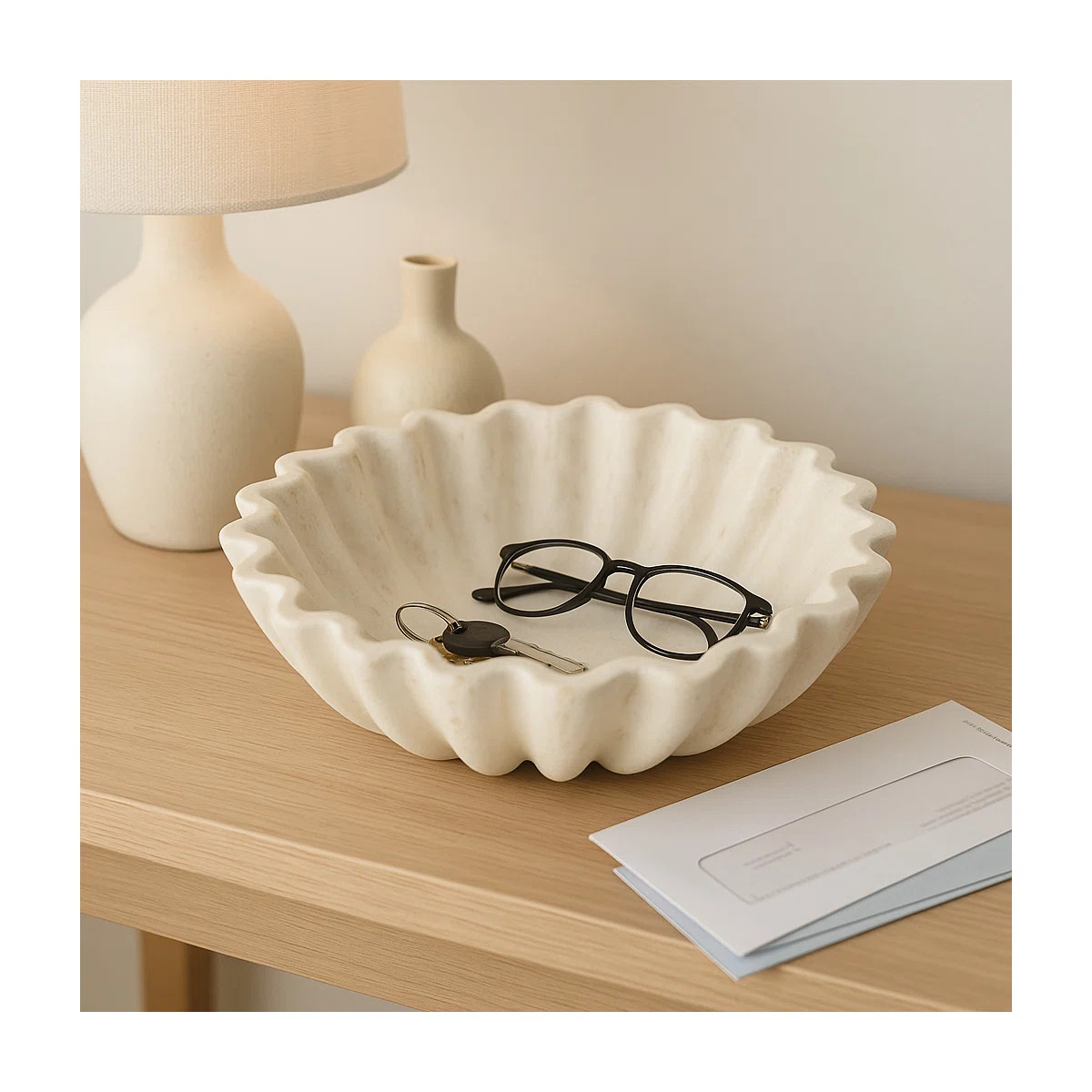 Pottery & Paper Mache Decorative Bowl - Modern Glam Fluted Design - 13" Ivory & Tan Accent For Ho... | Wayfair North America