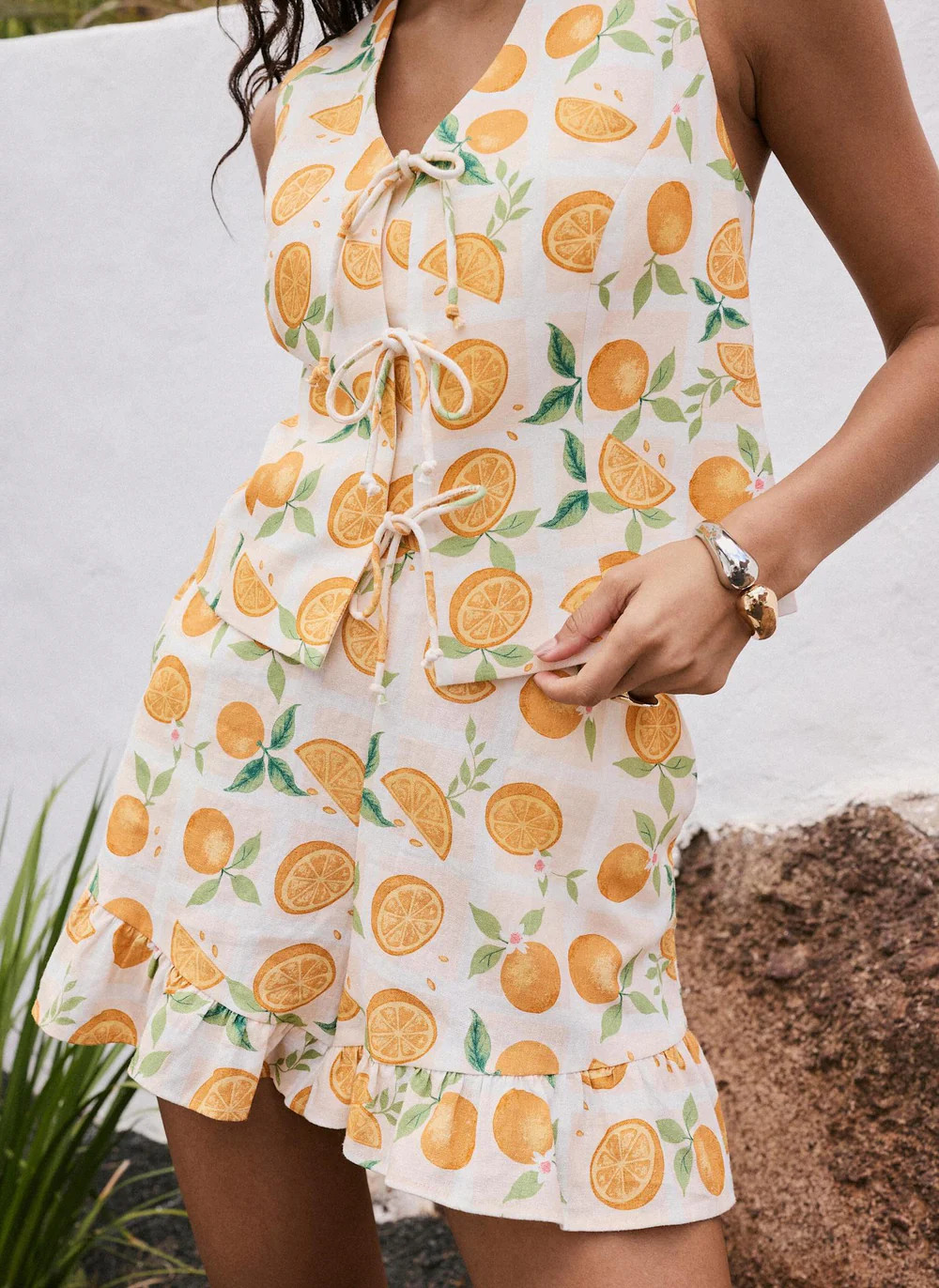 Orange Print Linen Blend Ruffle Shorts | Mint Velvet