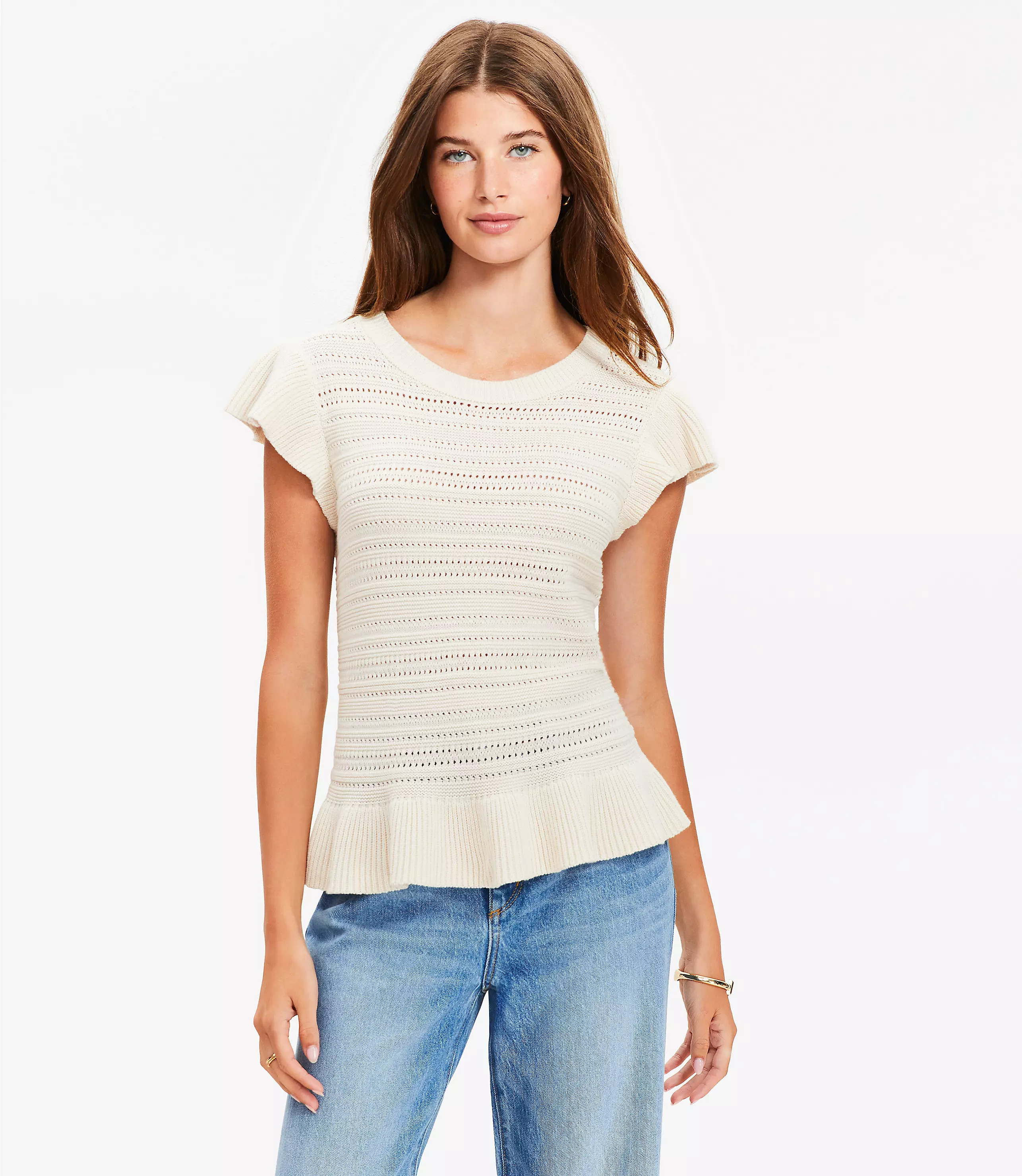 Pointelle Ruffle Sweater | LOFT