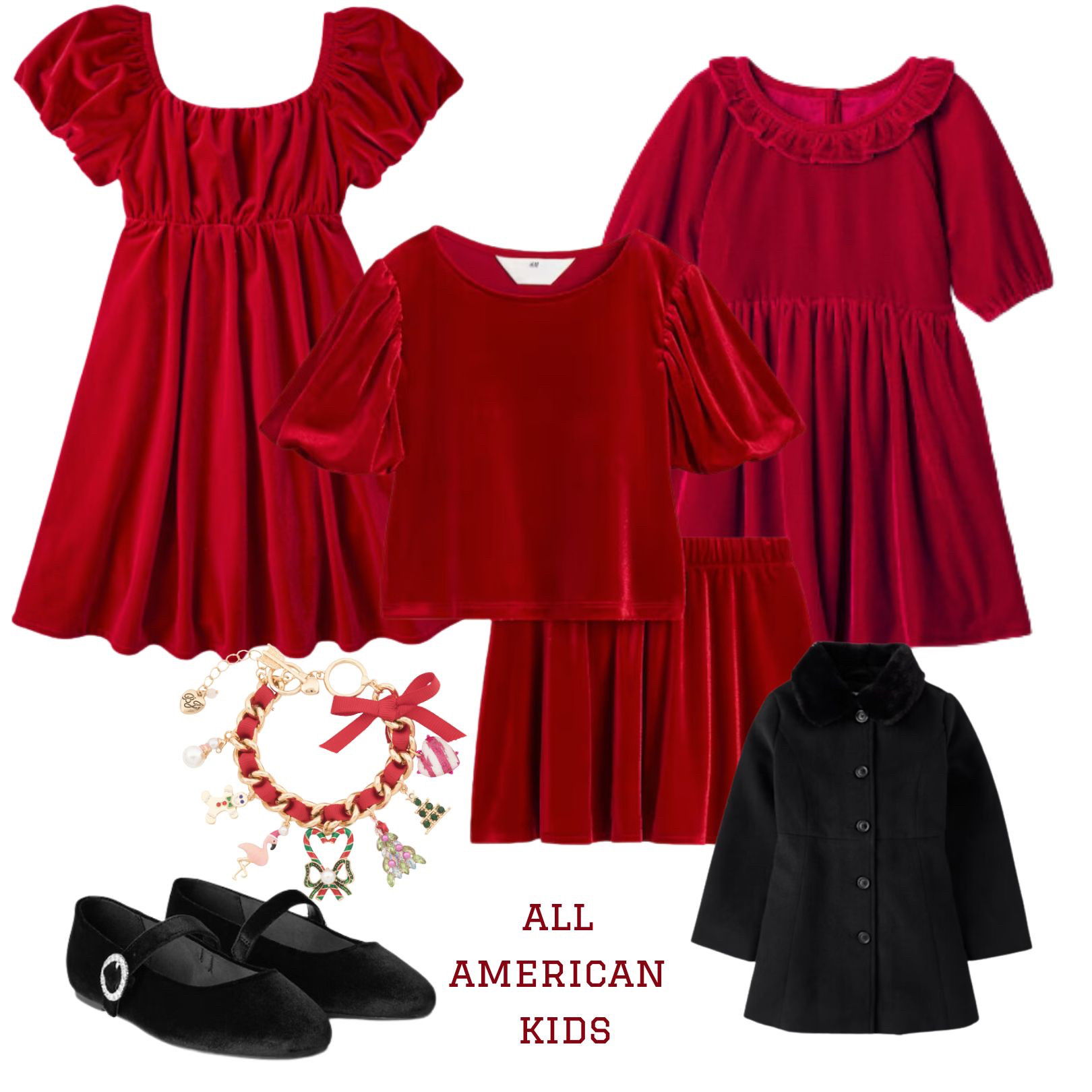 All dressed up and ready to sleigh!✨ These adorable red outfits are perfect for holiday cheer and festive fun! From charming bracelets to luxe velvet Mary Janes, your little ones will be the stars of the season! 💖👗✨ #GirlsFashion #HolidayStyle #RedHotLooks #ChristmasOutfits #LittleFashionistas #MaryJanes #FauxFur #CharmBracelet
 

 #LTKCyberWeek #LTKHoliday #LTKFamily