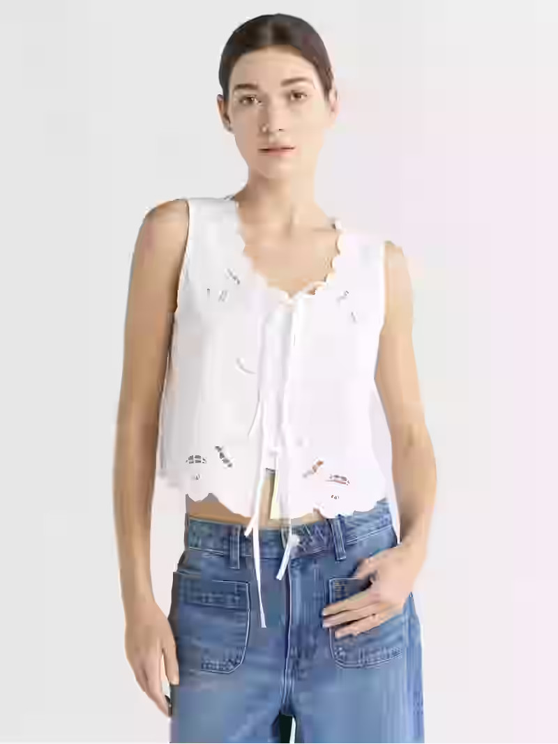 Free Assembly Women's and Women's Plus Cropped Tie Front Embroidered Cotton Top, Sizes XS-4X | Walmart (US)