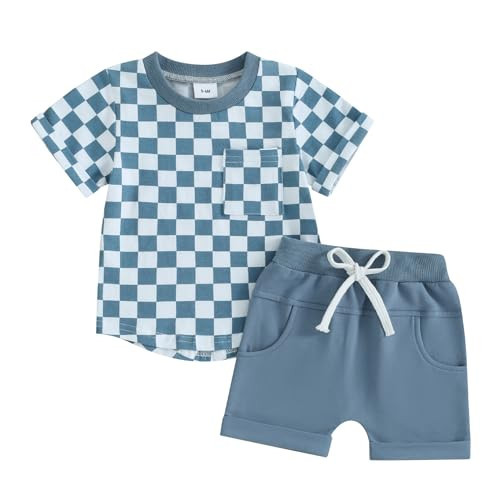 Toddler Baby Boy Girl Summer Clothes Checkerboard Print Short Sleeve T-Shirt Tee Tops Rolled Shorts Infant Outfits (A- Blue, 4-5T) | Amazon (US)