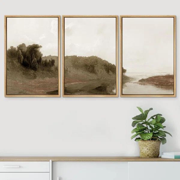 Dark Green Forest Hill With Lake Framed On Canvas 3 Pieces Print | Wayfair North America