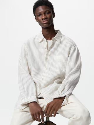 Men's Premium Linen Shirt Striped Off White Large UNIQLO US | UNIQLO (US)