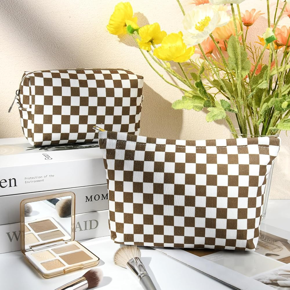 2 Pcs Checkered Makeup Bag Large Cosmetic Bag Toiletry Bag Makeup Pouch Travel Bag Organizer Cute... | Amazon (US)