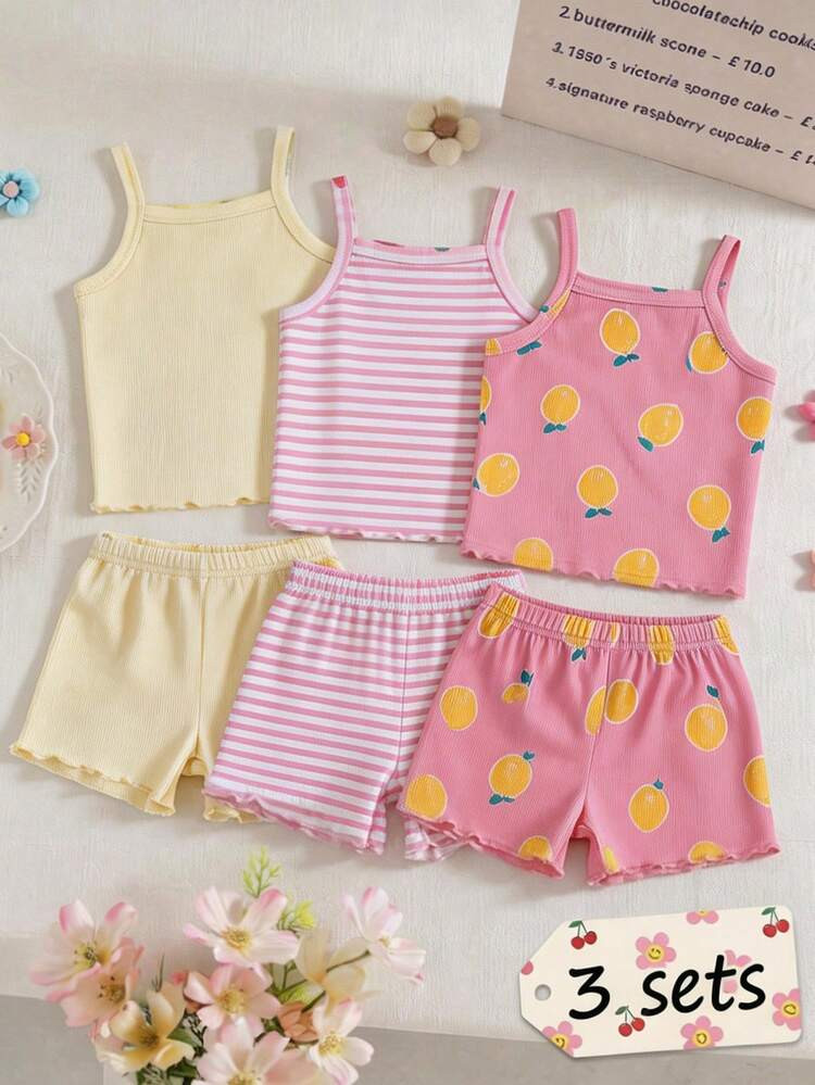 SHEIN Playful Pals Baby Girls' Comfortable Versatile Sweet Cute Strap Shorts Set, Multi-Piece Sum... | SHEIN