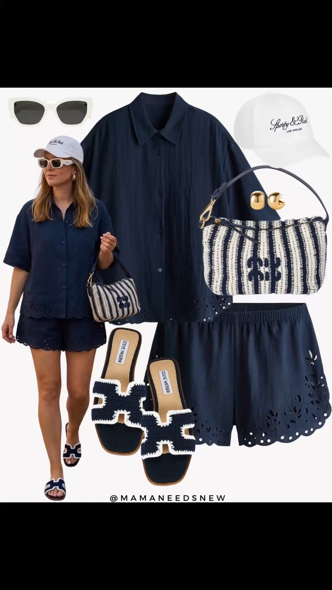 A summer outfit with a navy matching set, cap, crochet slide sandals and a crochet bag 💙🤍

#LTKootd #LTKSeasonal #LTKSaleAlert