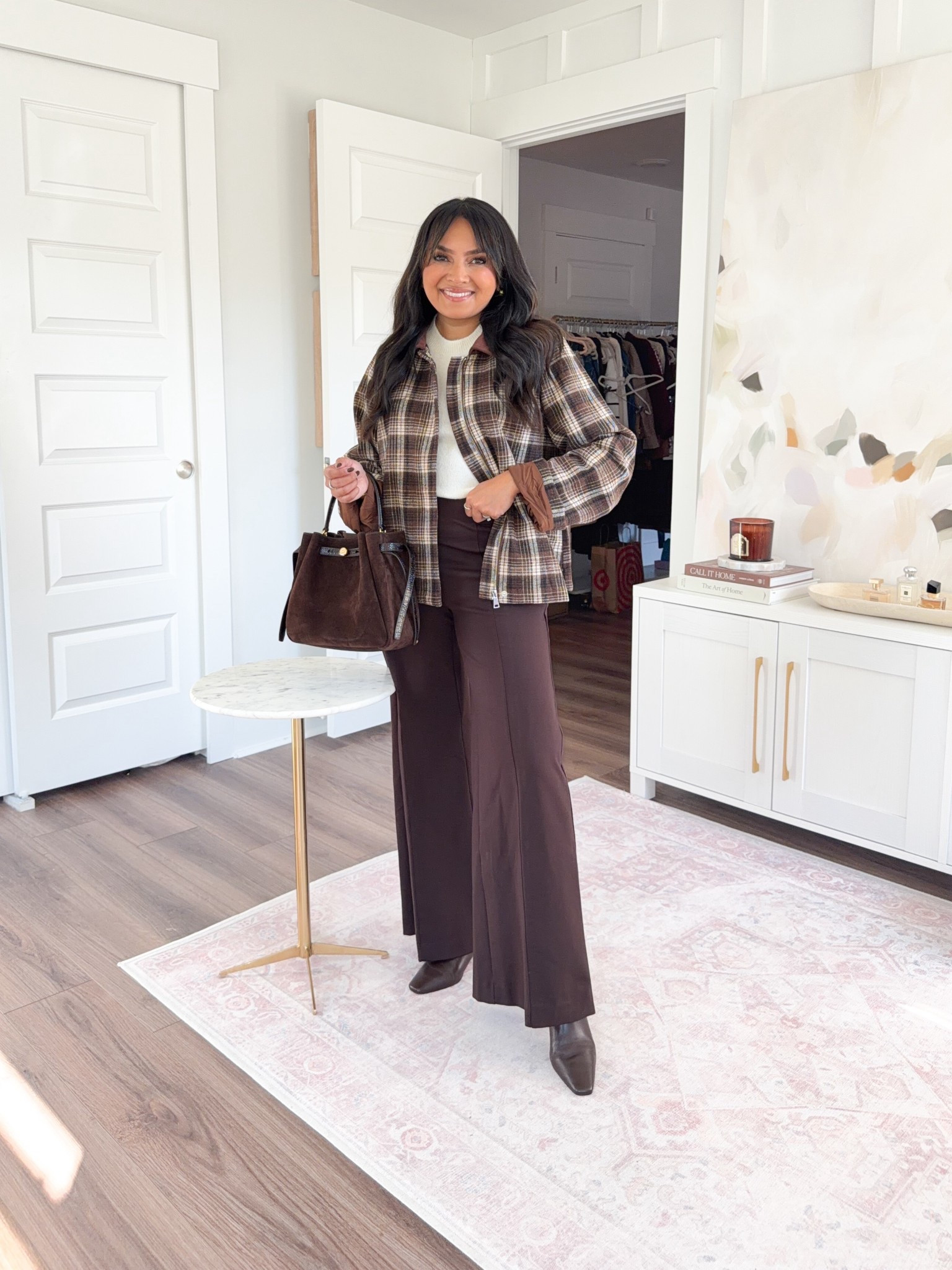 Brown coffee plaid jacket size small TTS
Cream sweater size xxs regular TTS
Brown pants - old, similar linked
Dark brown kitten heel boots size 5.5 TTS


#LTKPetite #LTKSaleAlert #LTKWorkwear