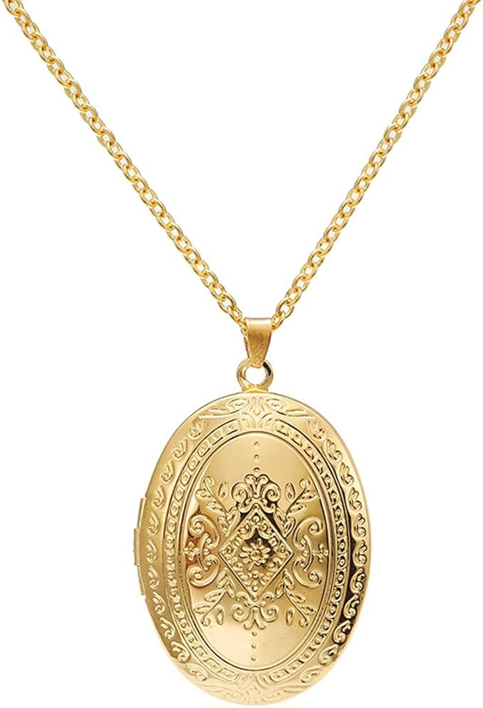 COLORFUL BLING 14k Gold Silver Women Girls Romantic Heart Locket Necklace Engraved Flower Oval Ho... | Amazon (US)