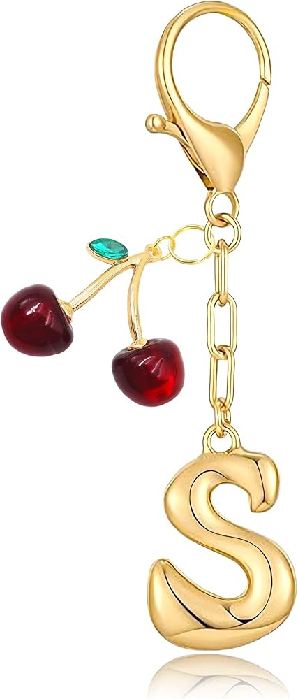 Bubble Initial Keychain with Cherry - Gold Letter Bag Charms for Women, Cute Purse Handbag Access... | Amazon (US)