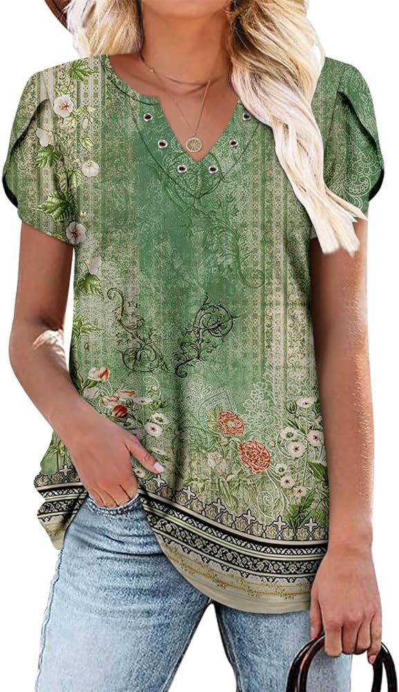 onlypuff Womens V Neck Summer Shirts Short Sleeve Tunic Tops Casual Flowy Ruffle Shirt | Amazon (US)