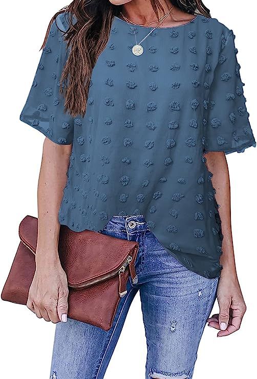 Sidefeel Womens Round Neck Short Sleeve Blouse Chiffon Swiss Dot Shirt Tops | Amazon (US)