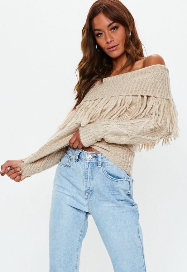Camel Bardot Cable Knit Jumper | Missguided (US & CA)