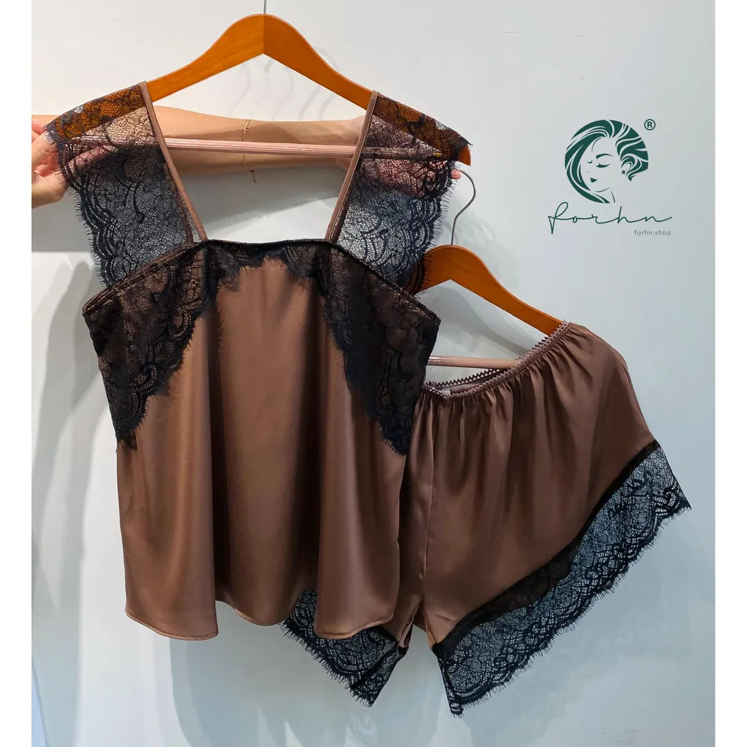 Satin Cami and Shorts Set, Brown Lace Lingerie, Bridesmaid Gift - Etsy | Etsy (US)