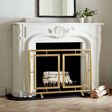 Celeste Fireplace Screen Clear Tempered Glass with Warm Brass Finish Stainless Steel Frame | Ballard Designs, Inc.
