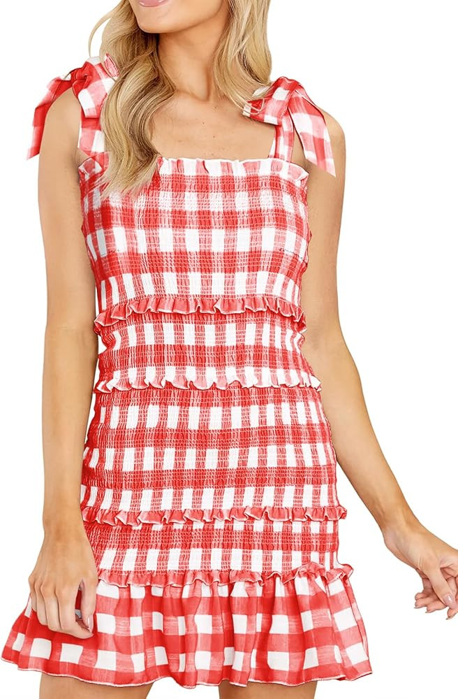Women's Summer Plaid Square Neck Smocked Mini Dress Sleeveless Ruffle Tiered Tie Slim Fit Preppy ... | Amazon (US)