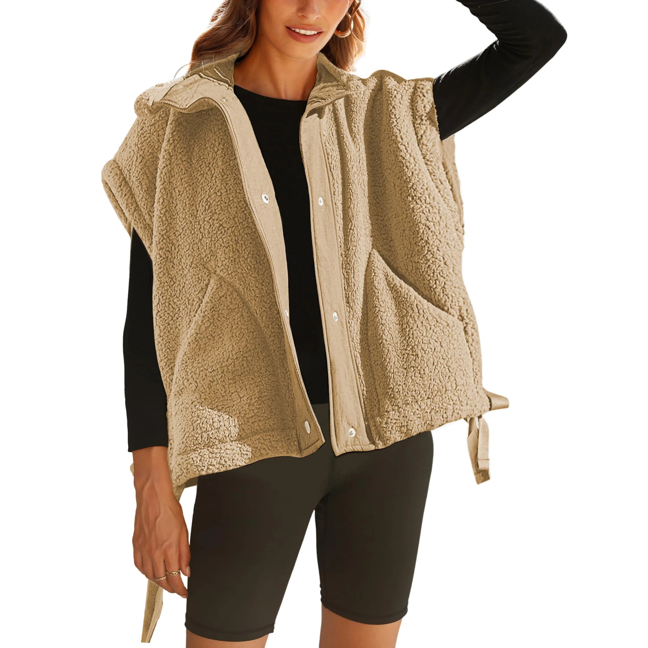 Lentta Womens Fuzzy Fleece Vest Oversized Sleeveless Sherpa Jacket Button Down Outerwear with Poc... | Walmart (US)