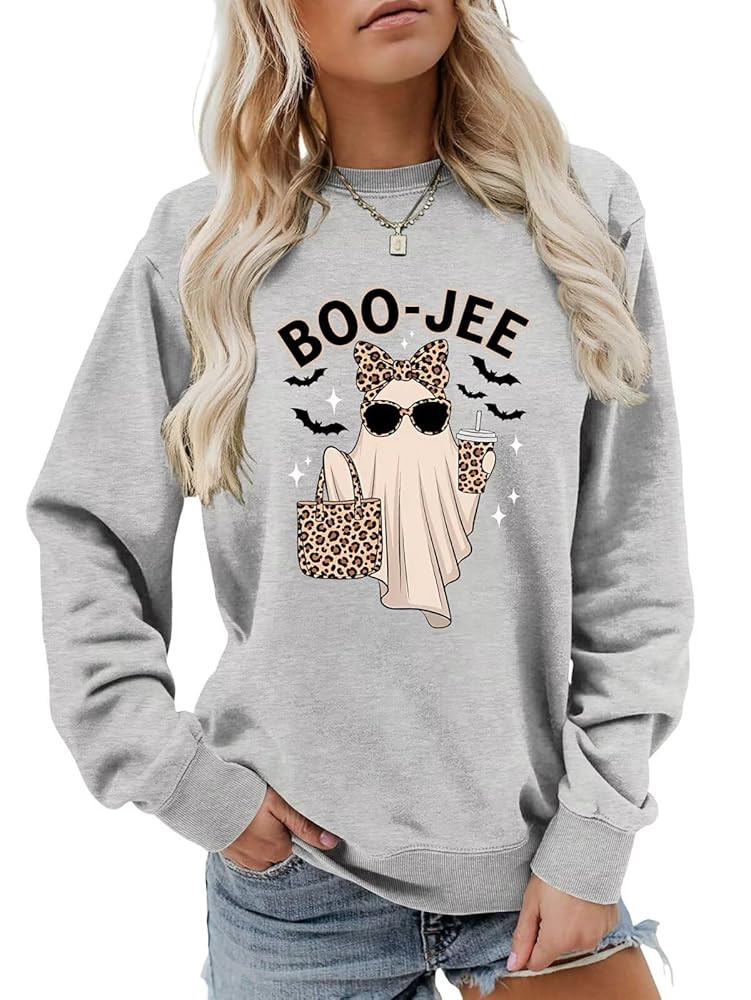 Boo-Jee Sweatshirt Women Cute Ghost Leopard Bat Coffee Graphic Halloween Spooky Season Long Sleev... | Amazon (US)