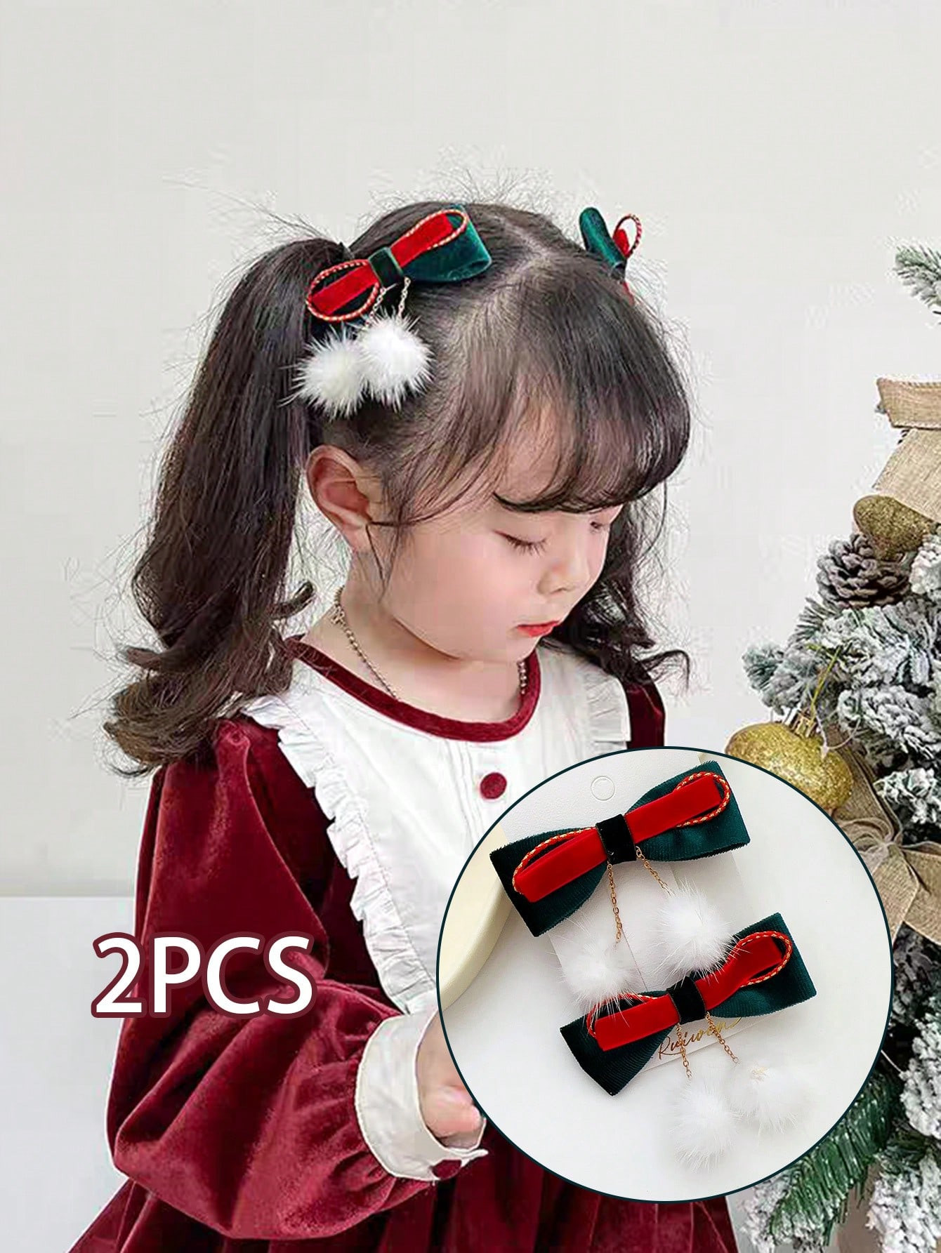 2pcs/set Women's Christmas Hair Accessories Including Bowknot & Pom Pom Hair Clips | SHEIN