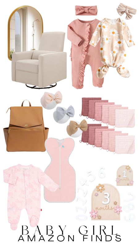Amazon finds for baby girl and her nursery / burp cloths, diaper bag, sleeper sac, glider, sleepers, newborn outfit, baby girl bow, gold mirror #babygirl #nursery #amazonfinds 

#LTKhome #LTKbaby #LTKsalealert