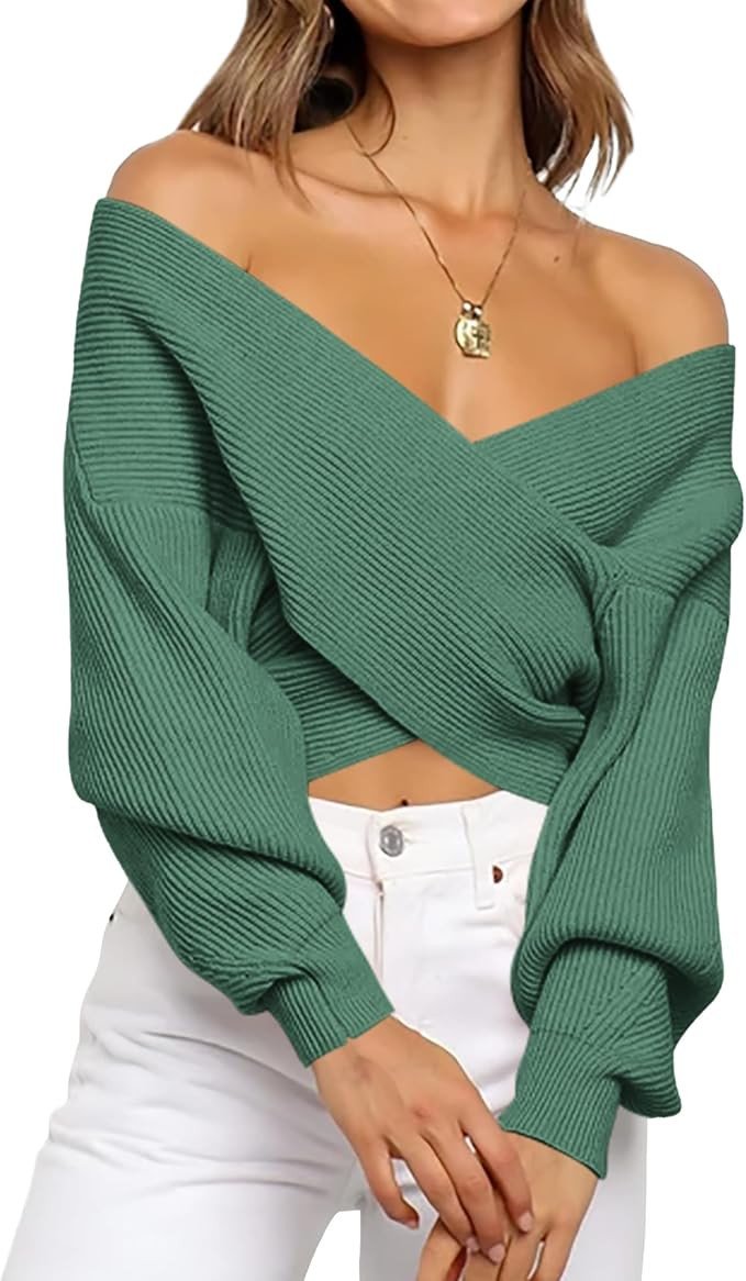 BTFBM Off The Shoulder Sweater for Women Winter Fall Fashion 2026 V Neck Long Sleeve Ribbed Knit ... | Amazon (US)