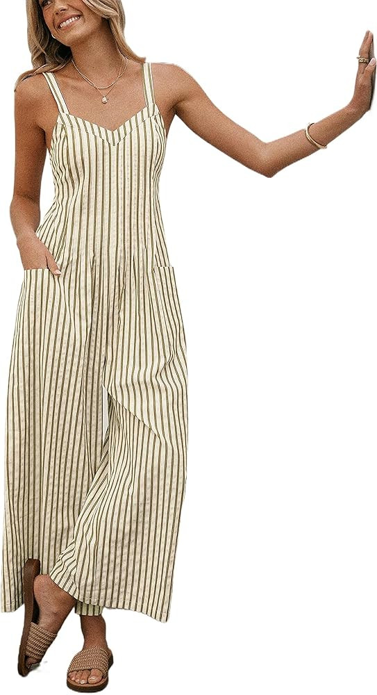 CUPSHE Maxi Jumpsuit for Women Striped Sleeveless Smocked Cutout Back Wide Leg Summer Casual Over... | Amazon (US)